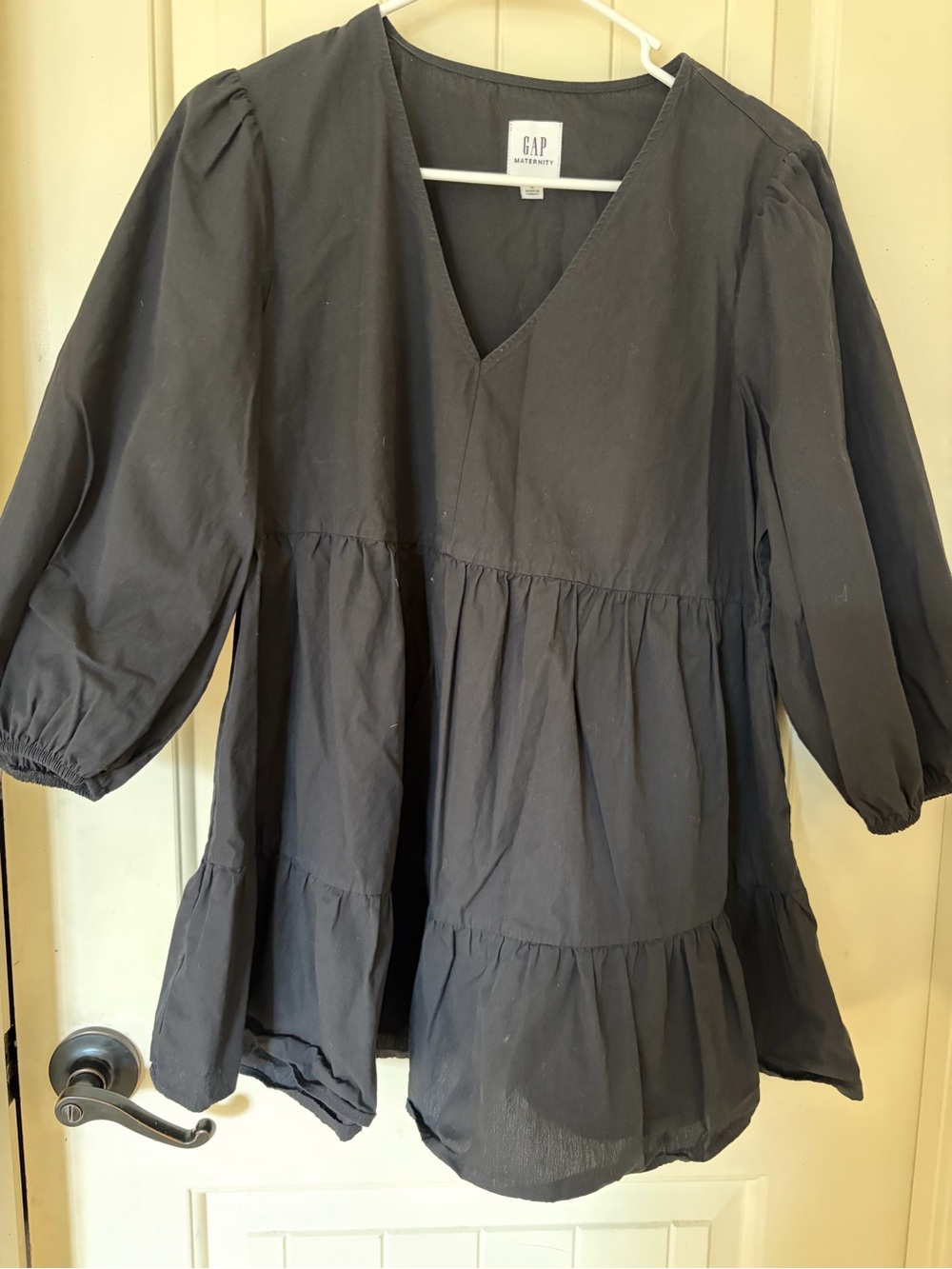 GAP Black V-Neck Tiered Blouse with Puff Sleeves